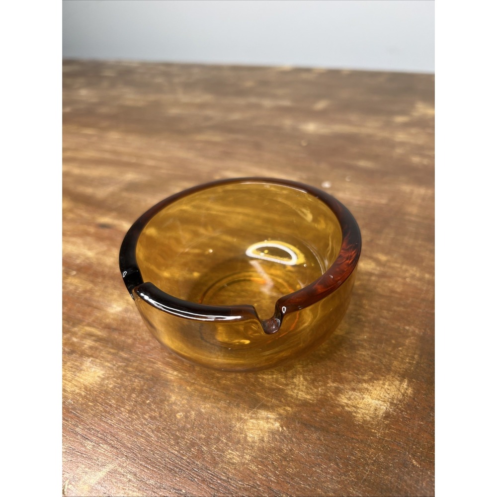 Vintage MCM Amber Glass Ashtray 3.5" Round Heavy Honey Golden Ash Tray 2 slot - Picture 2 of 8